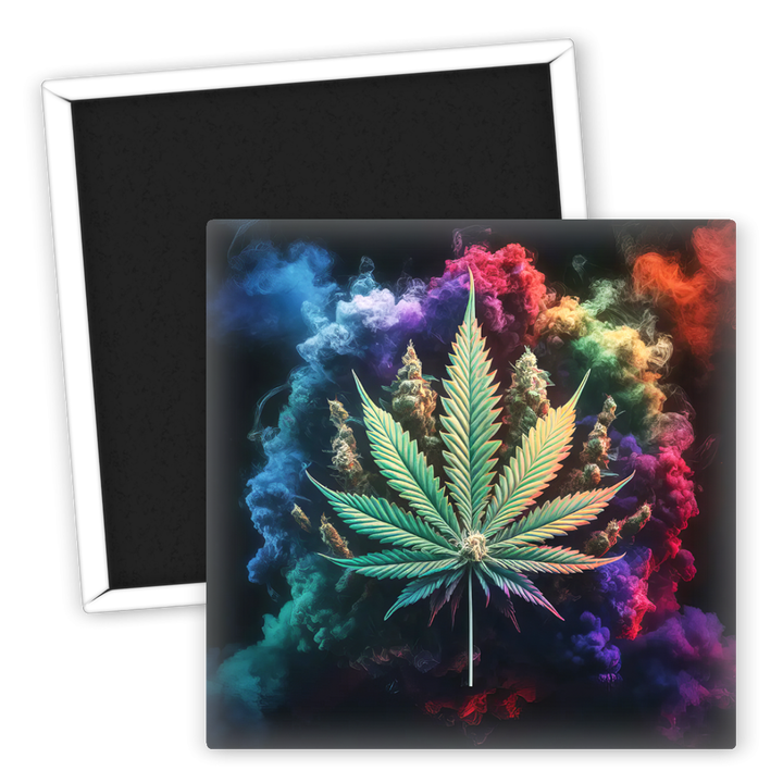 Zum Produkt Kühlschrankmagnet Marihuana Blatt mit buntem Rauchmotiv