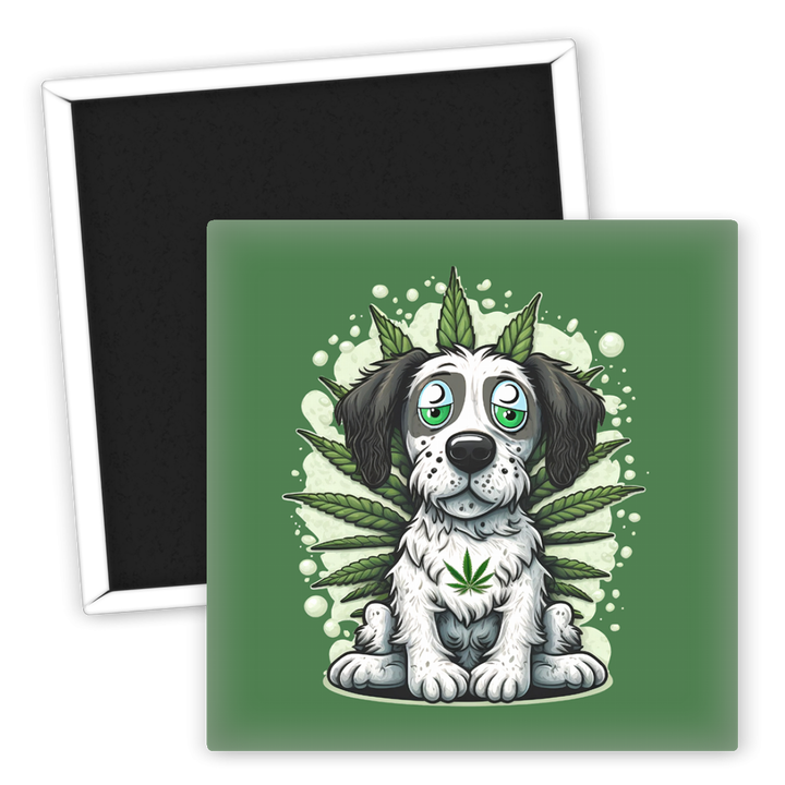 Zum Produkt Kühlschrankmagnet Hund mit Cannabis Motiv trendy und lustig