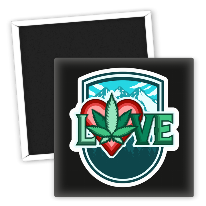 Zum Produkt Kühlschrankmagnet Love mit Cannabisblatt und Bergmotiv