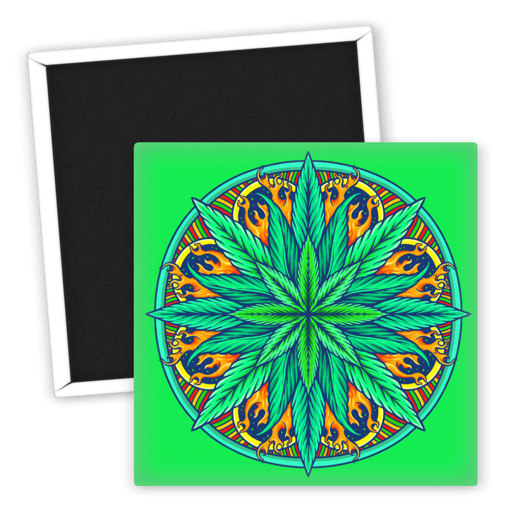 Zum Produkt Kreativer Kühlschrankmagnet mit Weed Motiv und feurigen Akzenten
