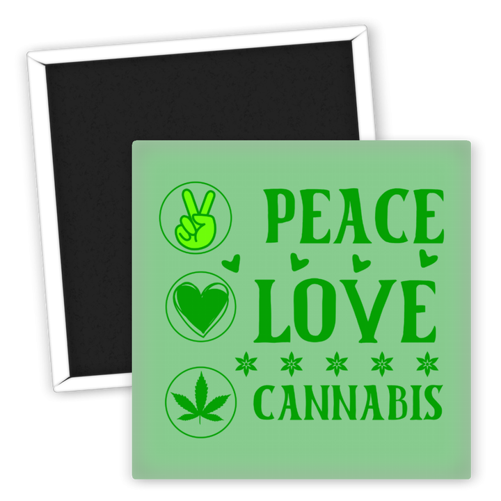 Zum Produkt Kühlschrankmagnet Peace Love Cannabis Weed Motiv grün