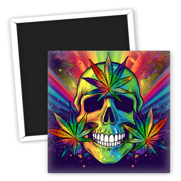 Zum Produkt Bunter Skull Kühlschrankmagnet mit Cannabis Blätter Motiv