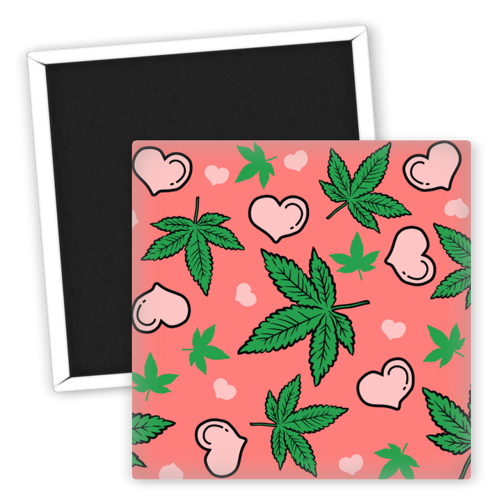 Zum Produkt Kühlschrankmagnet Weed Motiv mit Herzen und Blättern rosa Hintergrund