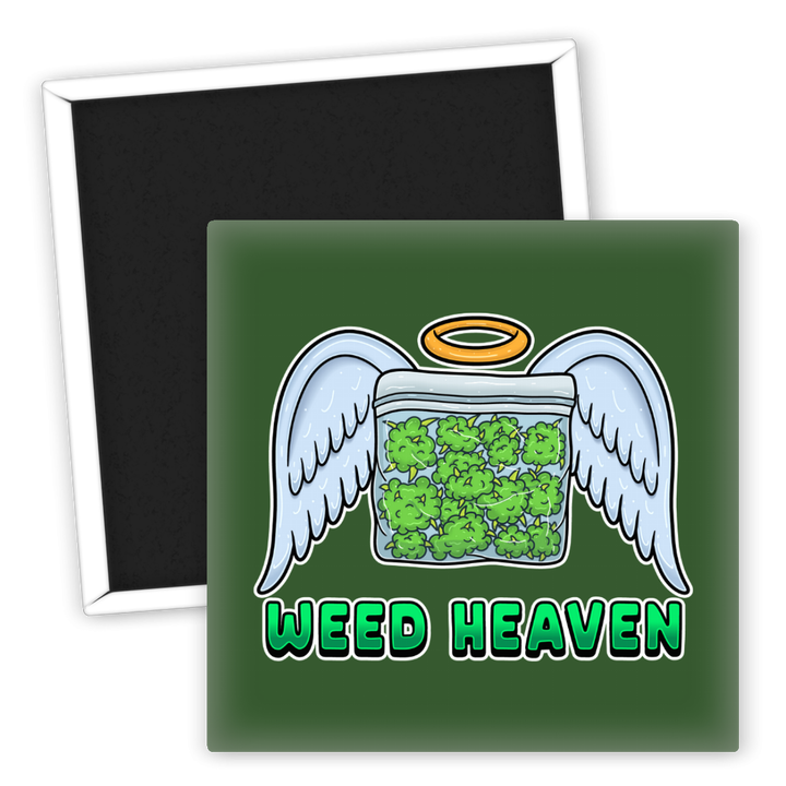 Zum Produkt Kühlschrankmagnet Weed Heaven mit Engeln und Grasmotiv