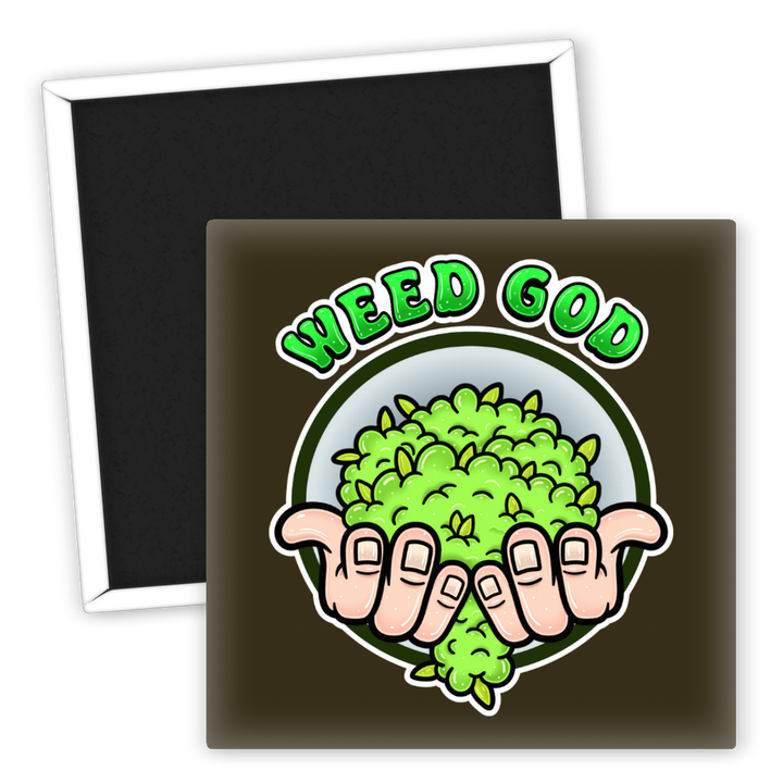 Zum Produkt Kühlschrankmagnet Weed God mit grüner Cannabis-Pflanze