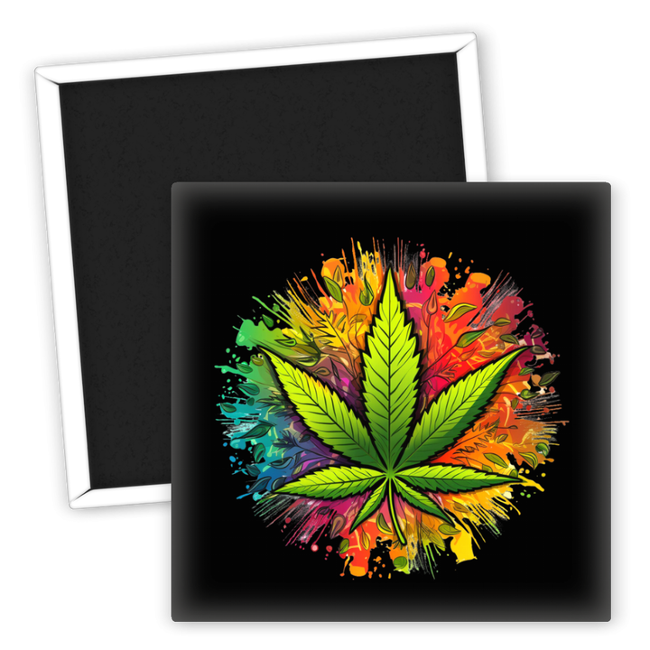 Zum Produkt Bunter Weed Kühlschrankmagnet mit Hanfblatt Motiv