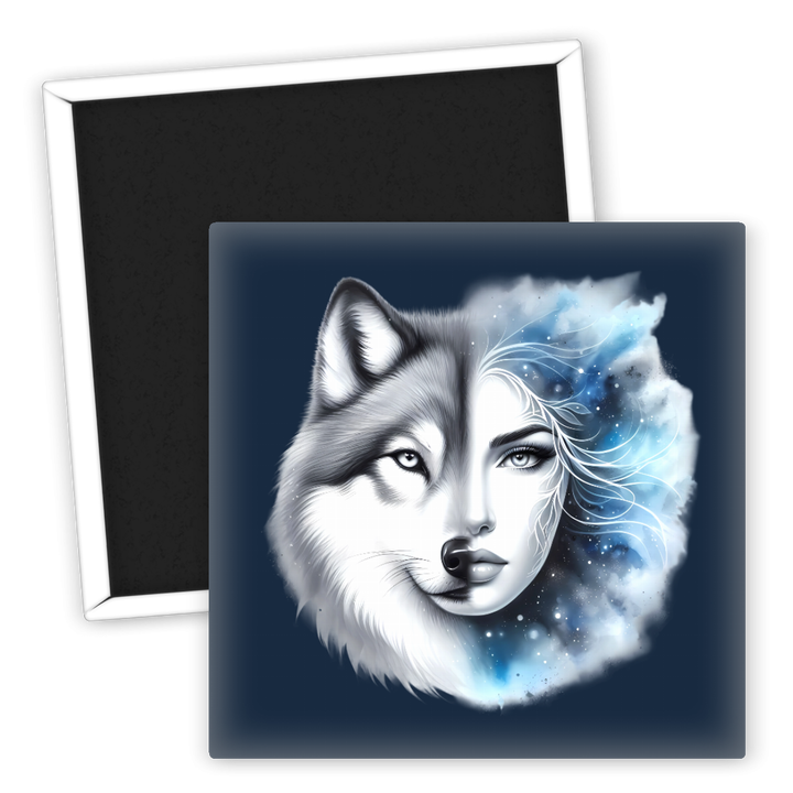 Zum Produkt Wolf und Frauenporträt Kühlschrankmagnet Tiere Kunst