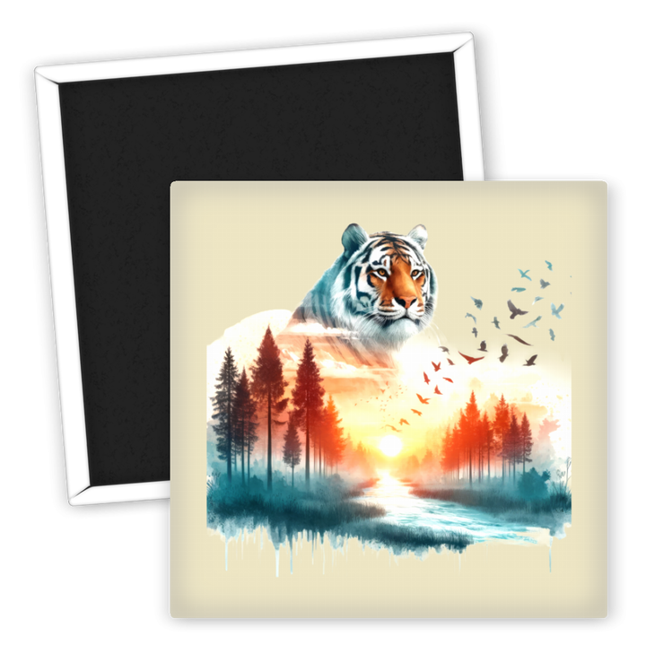 Zum Produkt Tiger Kühlschrankmagnet mit Sonnenuntergang und Waldmotiv
