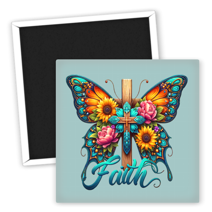 Zum Produkt Kühlschrankmagnet Glaube Schmetterling mit Kreuz und Blumen