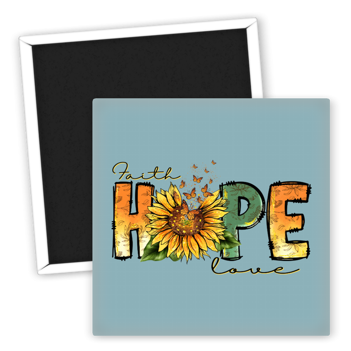 Zum Produkt Kühlschrankmagnet Glaube Hoffnung Liebe mit Sonnenblume Design