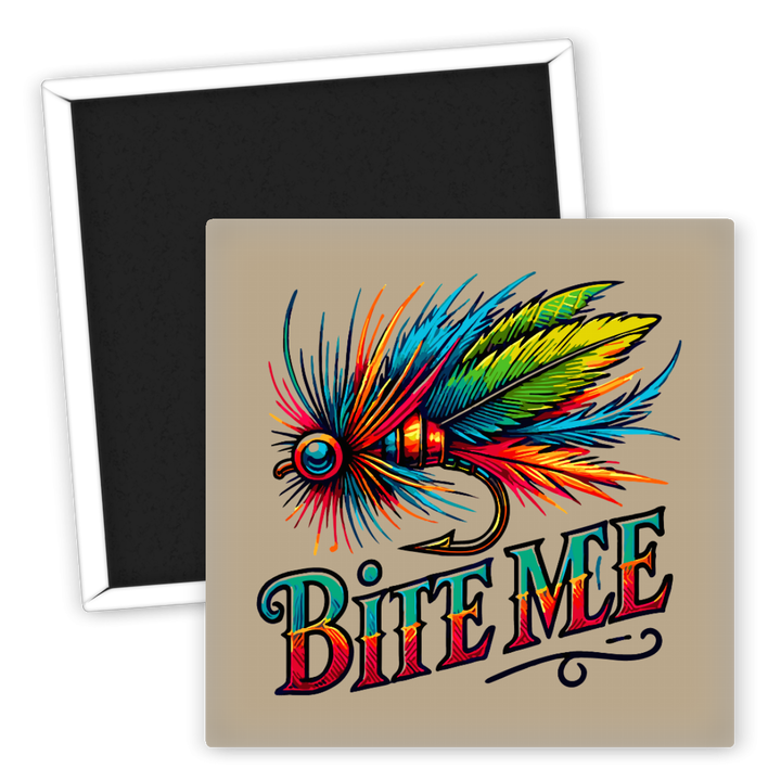 Zum Produkt Bunte Angelmotiv Kühlschrankmagnet Bite Me für Angler