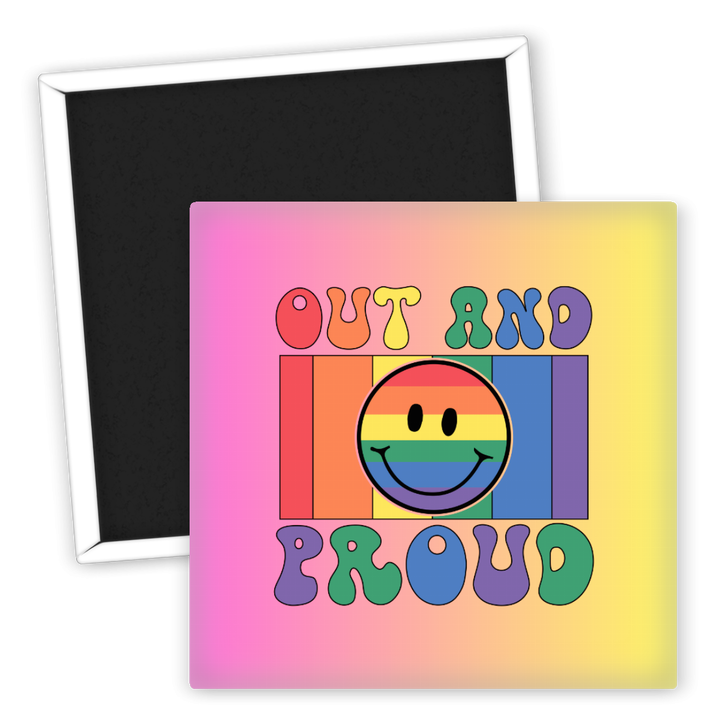 Zum Produkt Kühlschrankmagnet Out and Proud mit Regenbogen Smiley Design