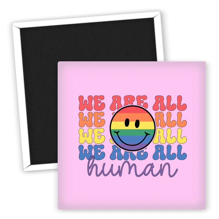 Zum Produkt Kühlschrankmagnet LGBTQ We Are All Human mit Regenbogenmotiv