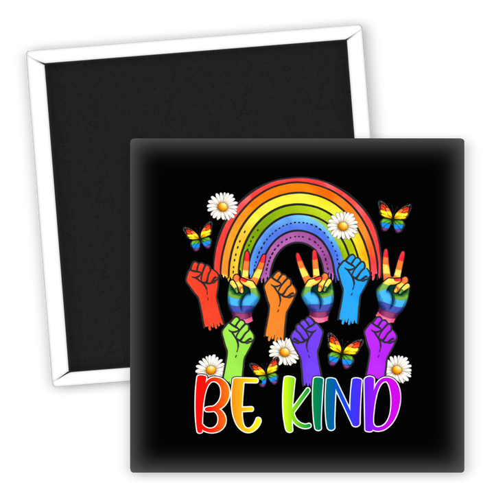 Zum Produkt Be Kind Kühlschrankmagnet mit Regenbogen und bunten Fäusten