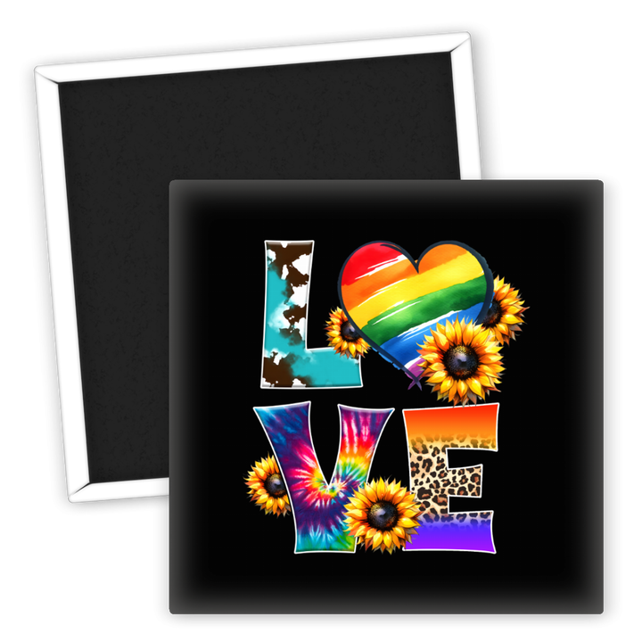 Zum Produkt Kühlschrankmagnet Love mit Regenbogenherz und Sonnenblumen