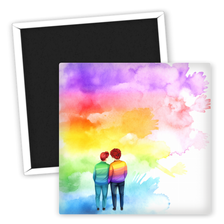 Zum Produkt Kühlschrankmagnet LGBTQ Paar mit Regenbogenhintergrund