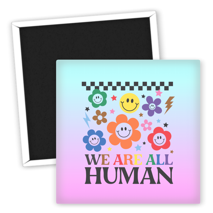 Zum Produkt Kühlschrankmagnet LGBTQ We Are All Human mit bunten Blumen