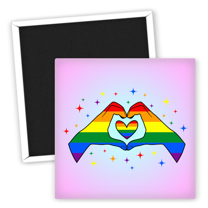 Zum Produkt Kühlschrankmagnet LGBTQ Herz und Hände Regenbogen Design