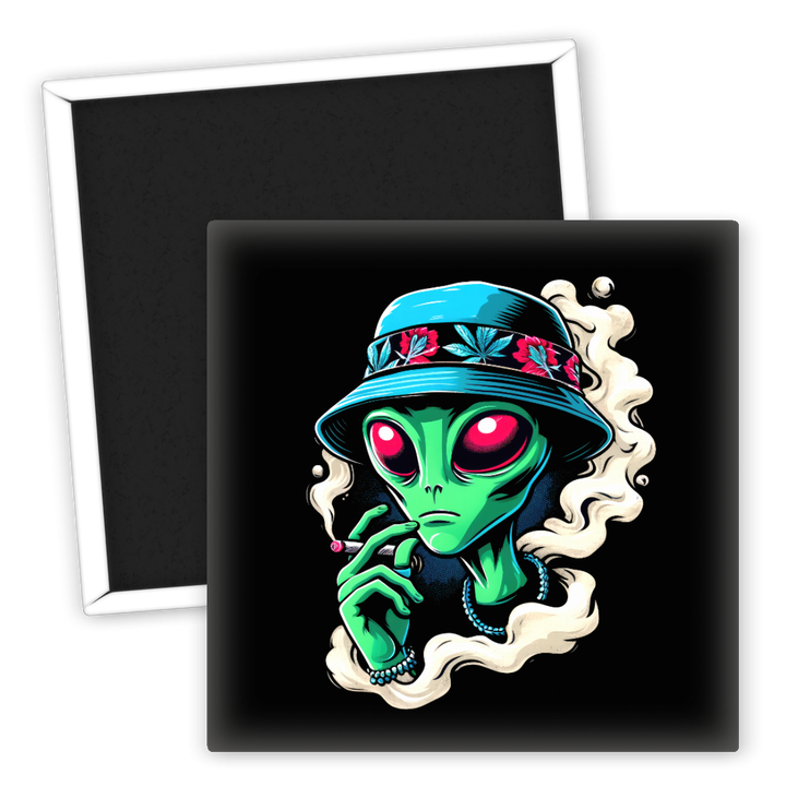 Zum Produkt Kühlschrankmagnet Alien mit Hut und Rauchmotiv Space Design