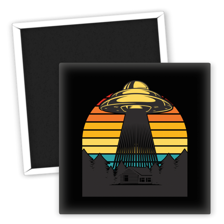 Zum Produkt Kühlschrankmagnet UFO Motiv mit retro Wohnhaus und Bäumen