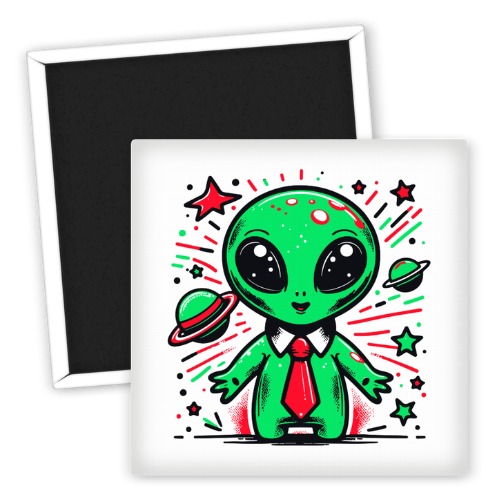 Zum Produkt Kühlschrankmagnet Alien mit roter Krawatte und Planetenmotiv