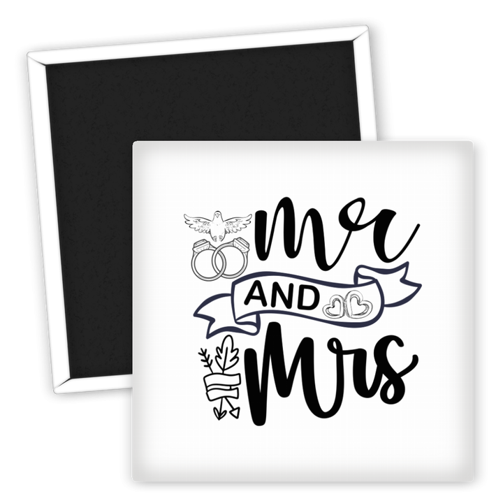 Zum Produkt Hochzeit Kühlschrankmagnet Mr and Mrs mit Eheringen und Taube