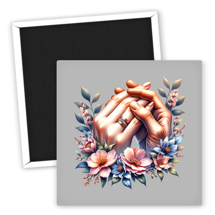 Zum Produkt Kühlschrankmagnet Hochzeit Hände mit Blumenmotiv romantisch