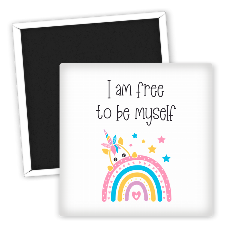 Zum Produkt Kühlschrankmagnet Spruch I am free to be myself Einhorn Regenbogen