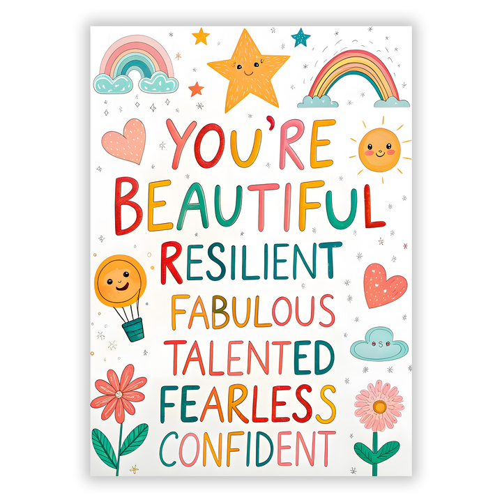 Zum Produkt You are beautiful, redolent, fabulous, talented, fearless, confident Kinderposter Weiß