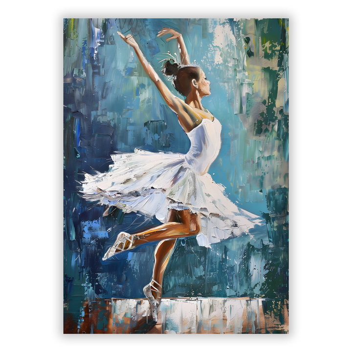 Zum Produkt Ballerina Poster mit weißem Kleid auf blauem Hintergrund