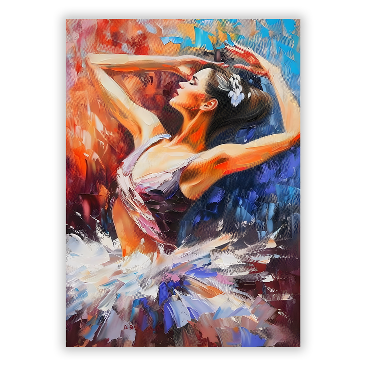 Zum Produkt Ballerina Poster mit rotem Top und weißem Rock auf buntem Hintergrund