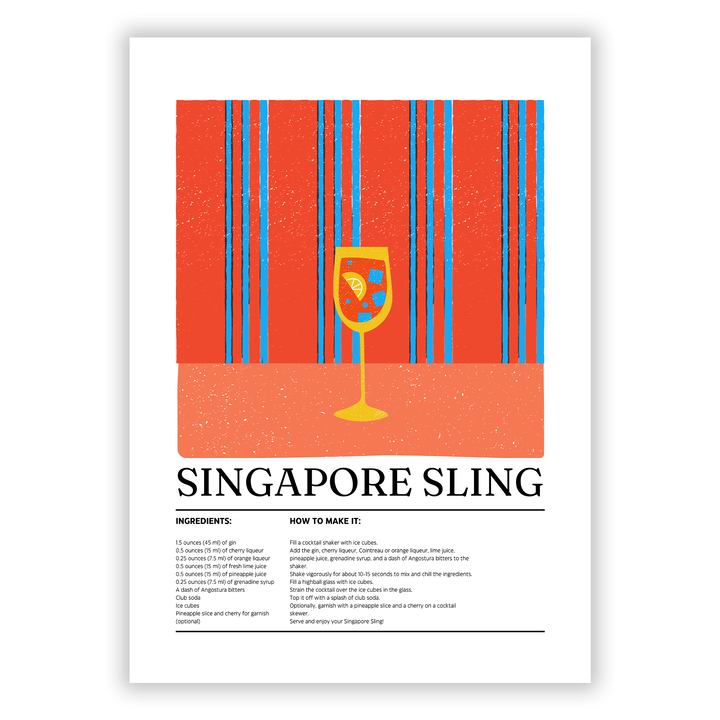 Zum Produkt Singapore Sling Poster - Cocktail Zutatenliste und Zubereitungsanleitung