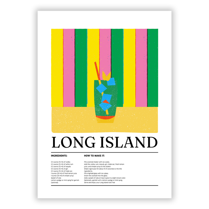 Zum Produkt Long Island Poster - Cocktail Zutatenliste und Zubereitungsanleitung