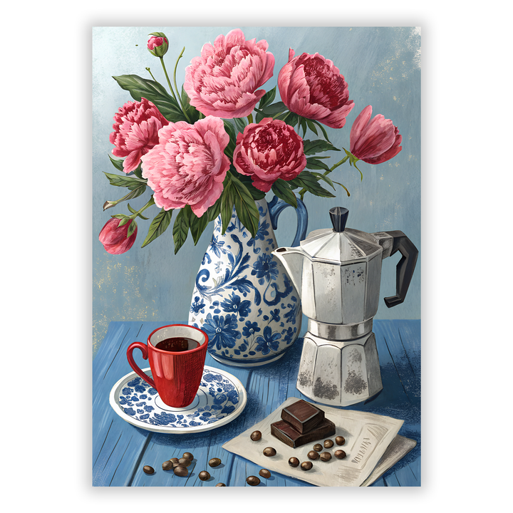 Zum Produkt Kaffeepause Poster mit Kaffeekanne und Blumenstrauß