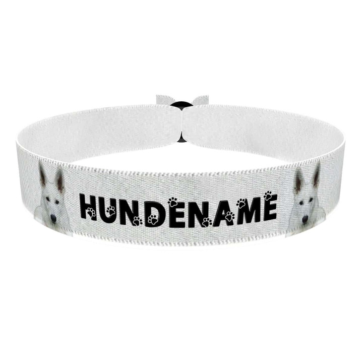Zum Produkt Weißer Schweizer Schäferhund Stoffarmband anpassbar mit Name