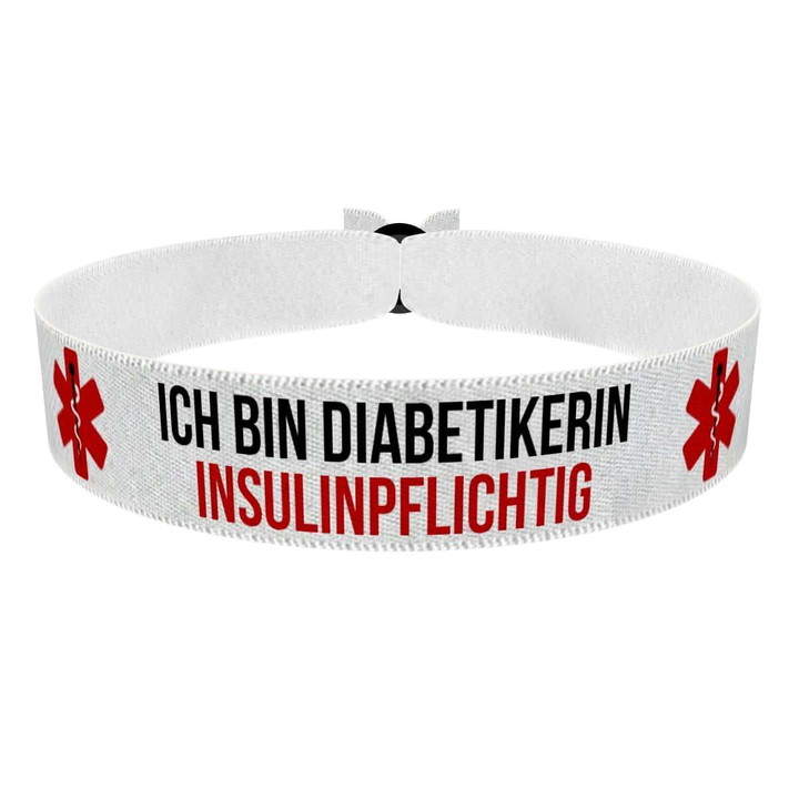 Zum Produkt Ich bin Diabetikerin insulinpflichtig weiß Stoffarmband