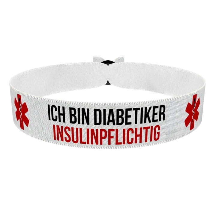 Zum Produkt Ich bin Diabetiker insulinpflichtig weiß Stoffarmband