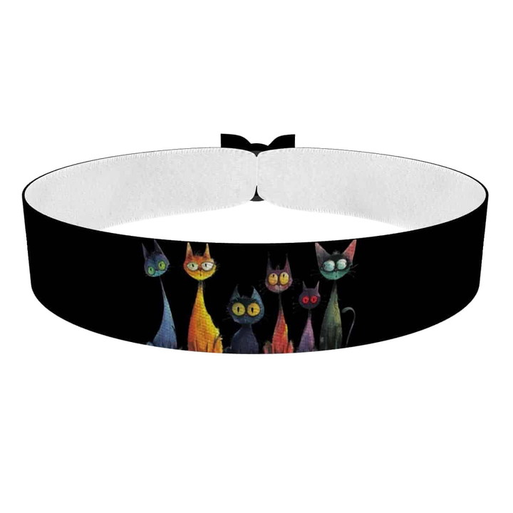 Zum Produkt Stoffarmband mit farbenfrohen Katzenmotiven für Katzenliebhaber