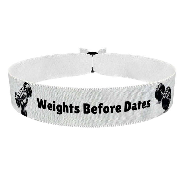 Zum Produkt Stoffarmband mit Motiv Weights Before Dates für Fitnessliebhaber