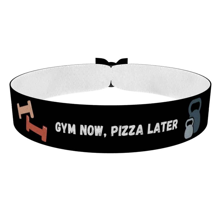 Zum Produkt Fitness Stoffarmband Gym Now Pizza Later Motiv
