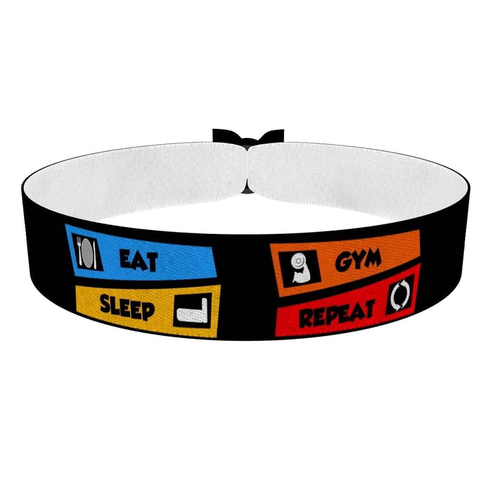 Zum Produkt Fitness Stoffarmband Eat Sleep Gym Repeat Motiv
