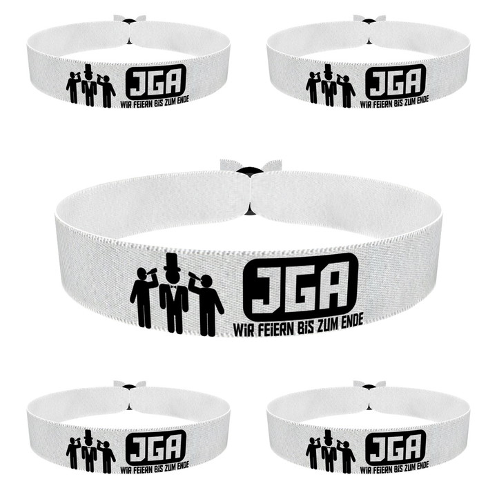 Zum Produkt 5er Set Junggesellenabschied JGA Wir feiern bis zum Ende Stoffarmbänder