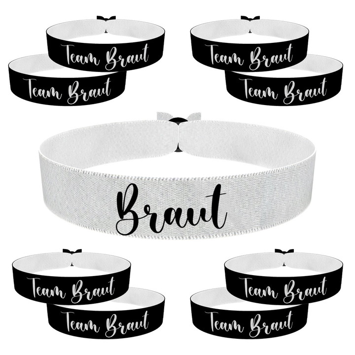 Zum Produkt 9er Set Braut und Team Braut Stoffarmbänder