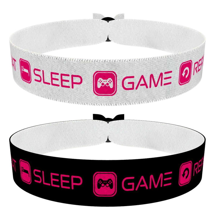 Zum Produkt 2er Set Eat Sleep Game Repeat Stoffarmbänder weiß/pink schwarz/pink