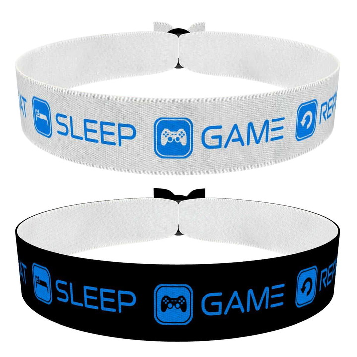 Zum Produkt 2er Set Eat Sleep Game Repeat Stoffarmbänder weiß/blau schwarz/blau
