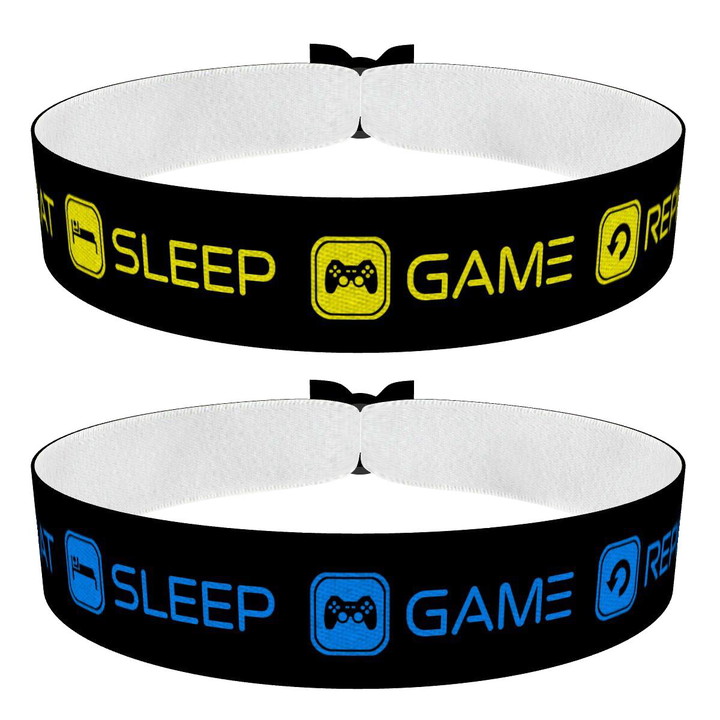 Zum Produkt 2er Set Eat Sleep Game Repeat Stoffarmbänder schwarz/gelb blau