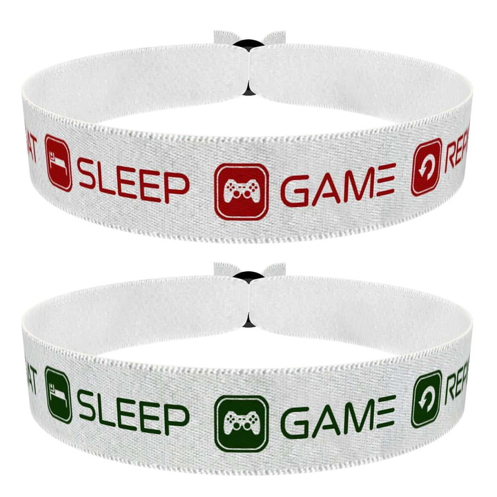 Zum Produkt 2er Set Eat Sleep Game Repeat Armbänder weiß/rot und weiß/olive
