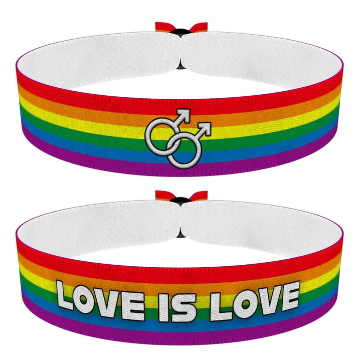 Zum Produkt 2er Set LGBTQ Rainbow Stoffarmbänder Love is Love & Symbole