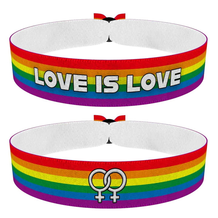 Zum Produkt 2er Set LGBTQ Rainbow Stoffarmbänder Love is Love & Lesbian Symbole