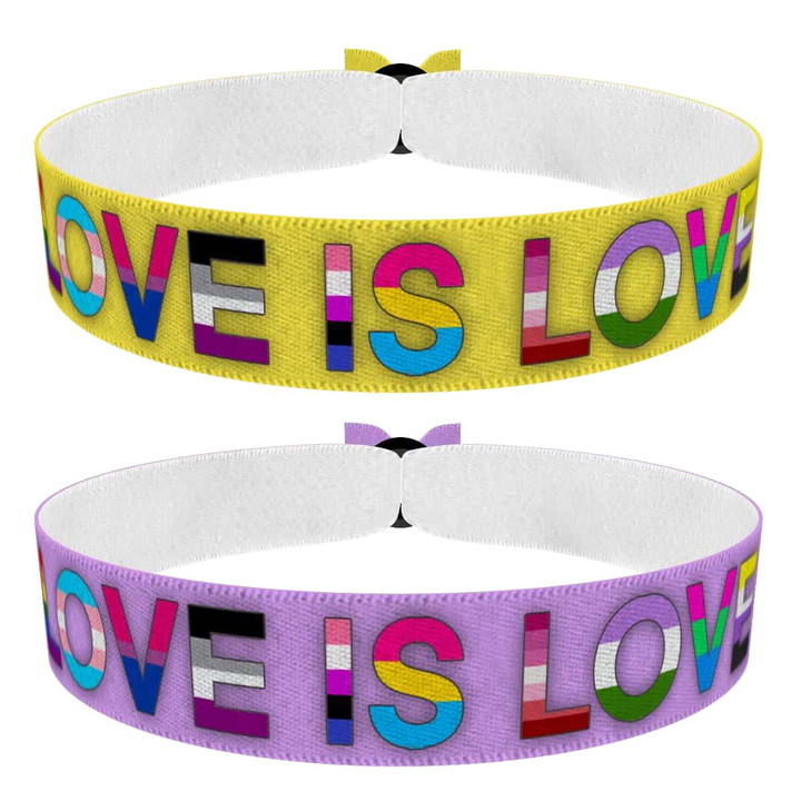 Zum Produkt LGBTQ Love is Love 2er Set gelb lila Stoffarmbänder